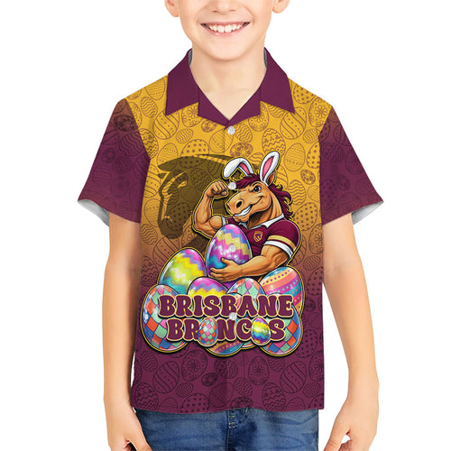Personalized Brisbane Broncos Family Matching Off Shoulder Maxi Dress and Hawaiian Shirt Easter Mascot - Colorful Eggs Cartoon Style
