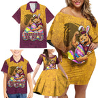 Personalized Brisbane Broncos Family Matching Off Shoulder Short Dress and Hawaiian Shirt Easter Mascot - Colorful Eggs Cartoon Style