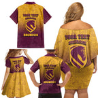 Personalized Brisbane Broncos Family Matching Off Shoulder Short Dress and Hawaiian Shirt Easter Mascot - Colorful Eggs Cartoon Style