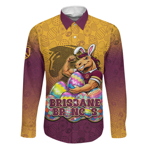 Personalized Brisbane Broncos Family Matching Off Shoulder Short Dress and Hawaiian Shirt Easter Mascot - Colorful Eggs Cartoon Style