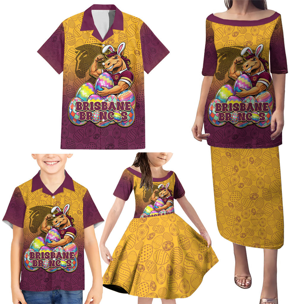 Personalized Brisbane Broncos Family Matching Puletasi and Hawaiian Shirt Easter Mascot - Colorful Eggs Cartoon Style