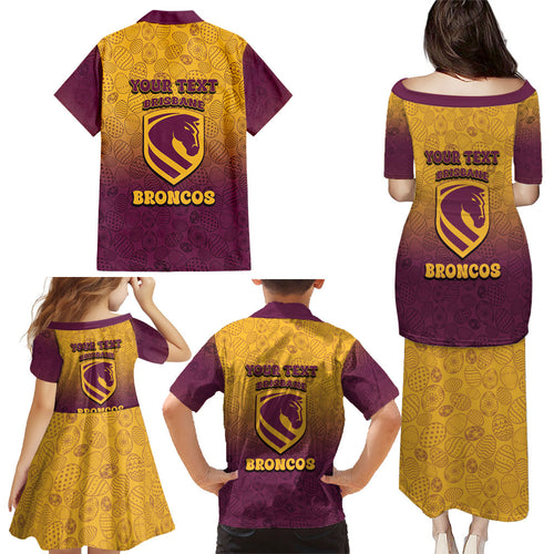 Personalized Brisbane Broncos Family Matching Puletasi and Hawaiian Shirt Easter Mascot - Colorful Eggs Cartoon Style
