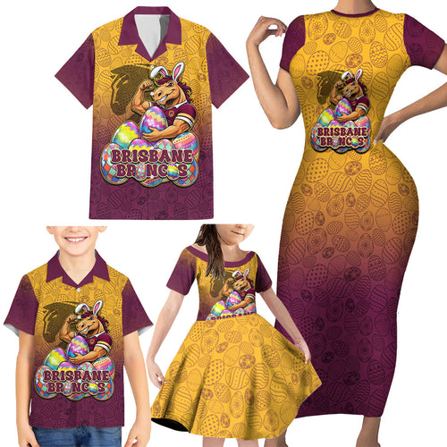 Personalized Brisbane Broncos Family Matching Short Sleeve Bodycon Dress and Hawaiian Shirt Easter Mascot - Colorful Eggs Cartoon Style