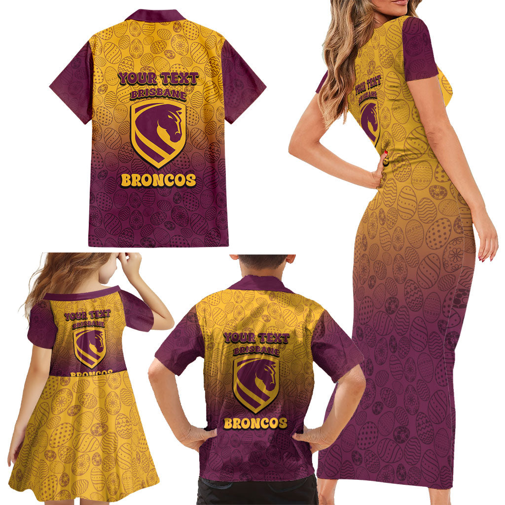 Personalized Brisbane Broncos Family Matching Short Sleeve Bodycon Dress and Hawaiian Shirt Easter Mascot - Colorful Eggs Cartoon Style