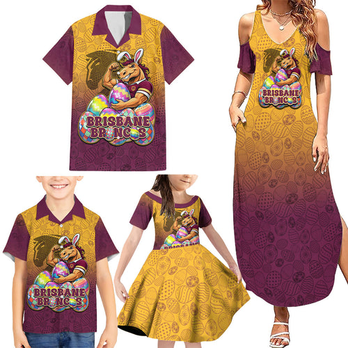 Personalized Brisbane Broncos Family Matching Summer Maxi Dress and Hawaiian Shirt Easter Mascot - Colorful Eggs Cartoon Style