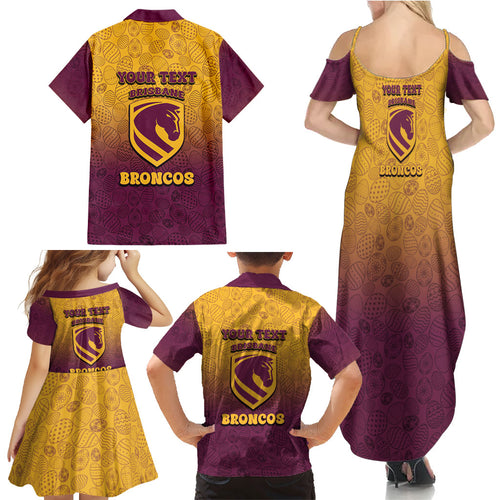 Personalized Brisbane Broncos Family Matching Summer Maxi Dress and Hawaiian Shirt Easter Mascot - Colorful Eggs Cartoon Style