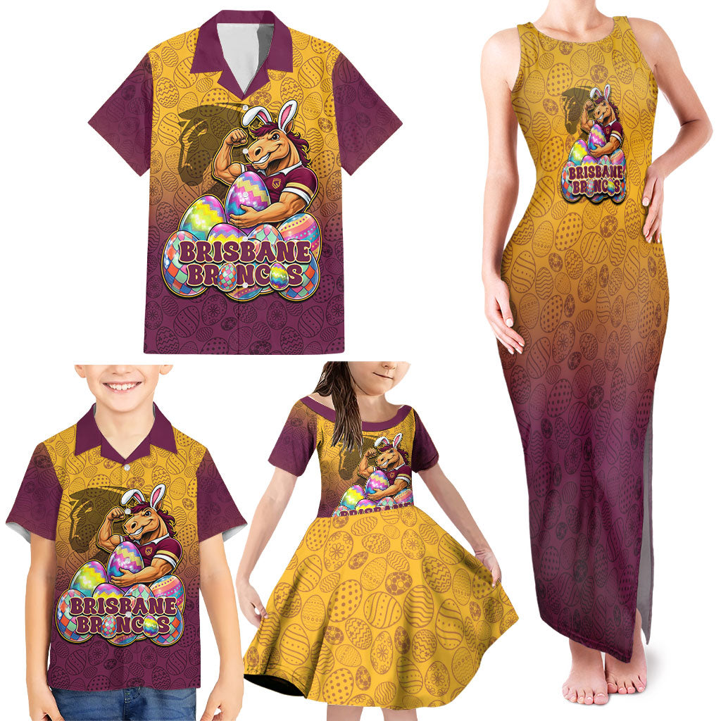 Personalized Brisbane Broncos Family Matching Tank Maxi Dress and Hawaiian Shirt Easter Mascot - Colorful Eggs Cartoon Style