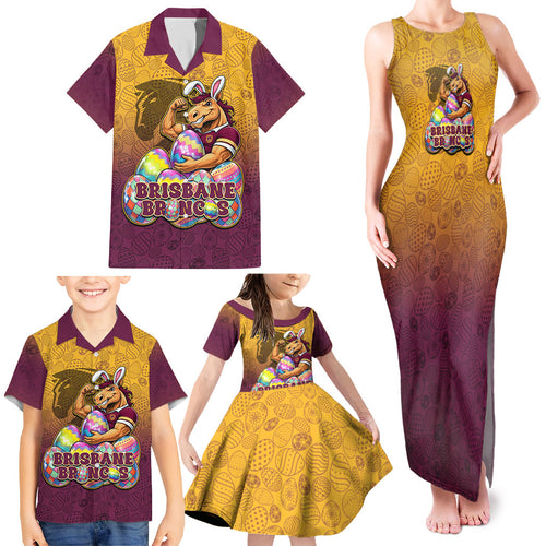 Personalized Brisbane Broncos Family Matching Tank Maxi Dress and Hawaiian Shirt Easter Mascot - Colorful Eggs Cartoon Style
