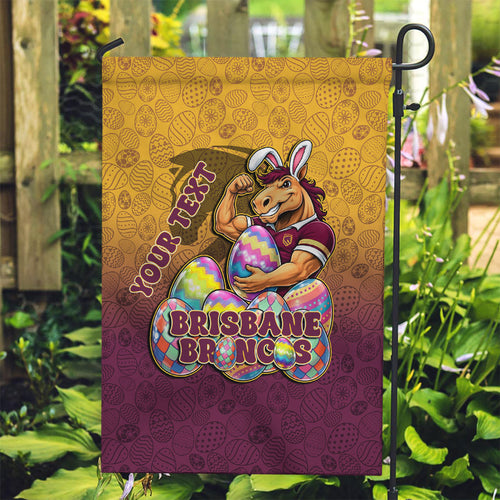 Personalized Brisbane Broncos Garden Flag Easter Mascot - Colorful Eggs Cartoon Style