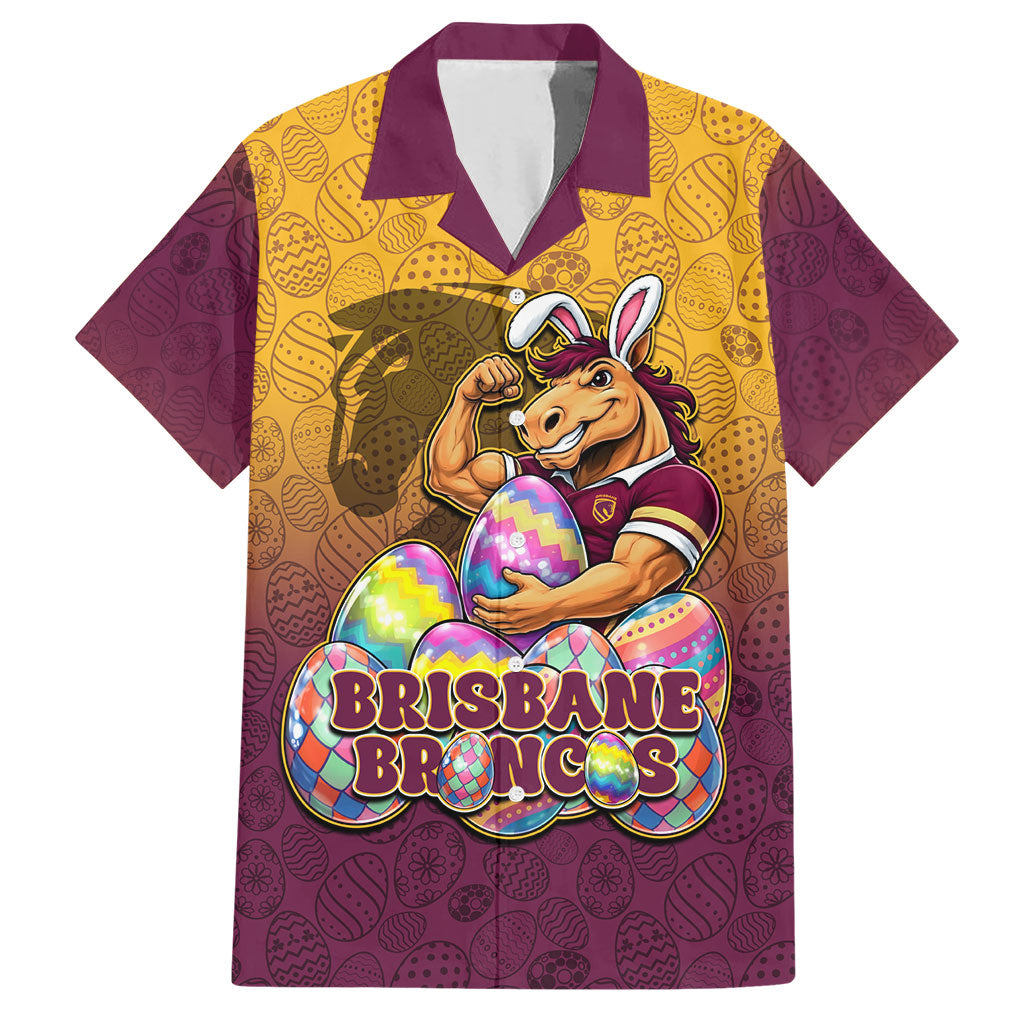 Personalized Brisbane Broncos Hawaiian Shirt Easter Mascot - Colorful Eggs Cartoon Style