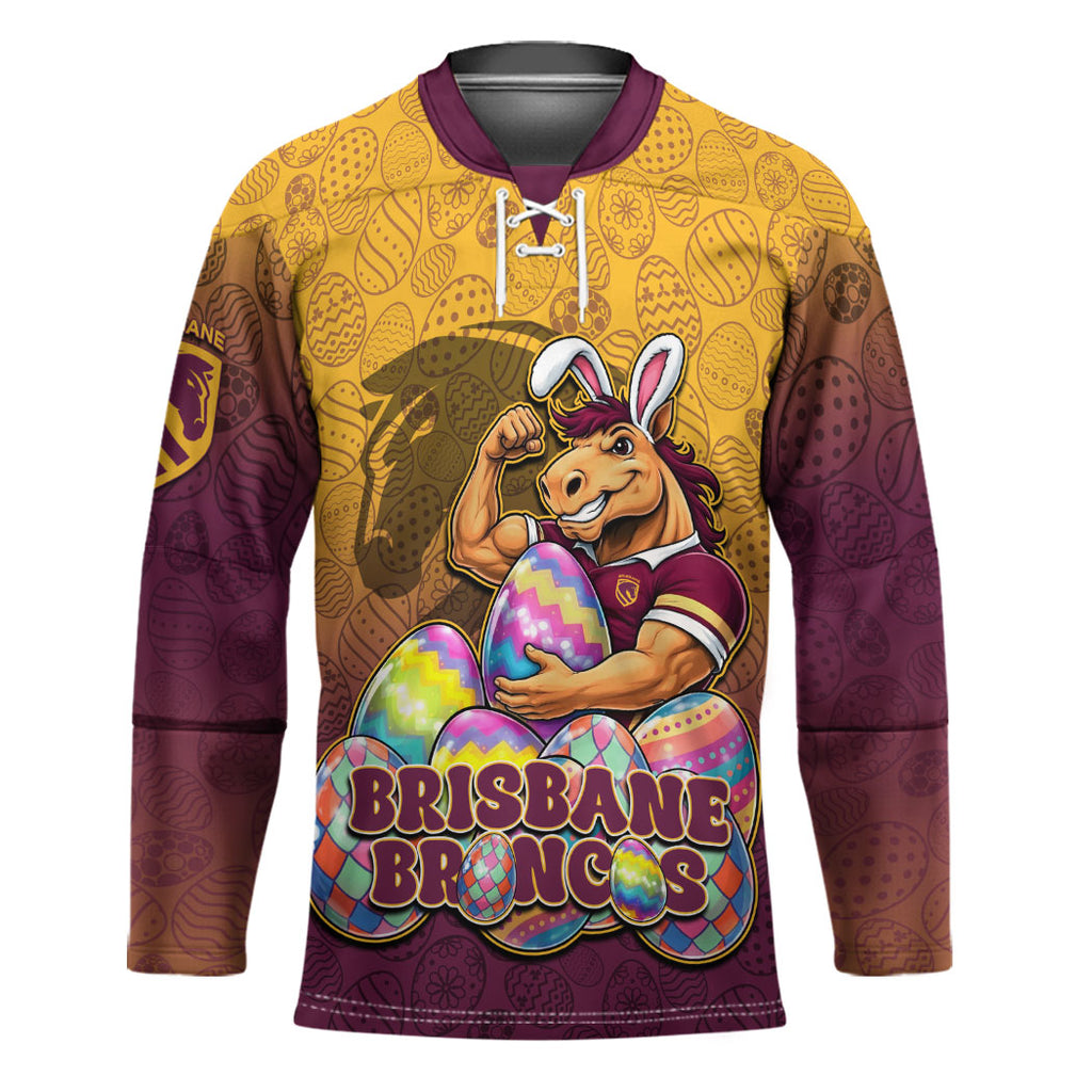 Personalized Brisbane Broncos Hockey Jersey Easter Mascot - Colorful Eggs Cartoon Style