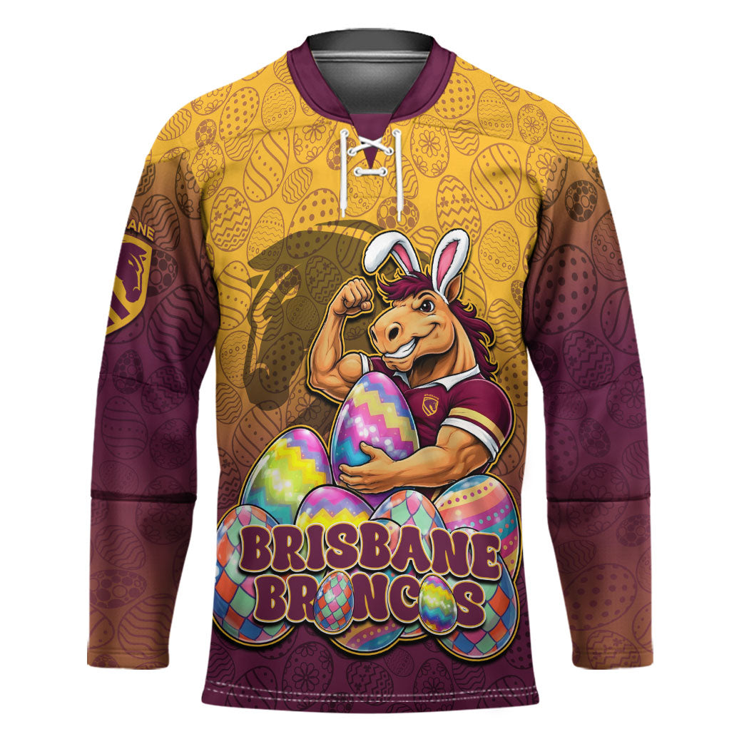 Personalized Brisbane Broncos Hockey Jersey Easter Mascot - Colorful Eggs Cartoon Style