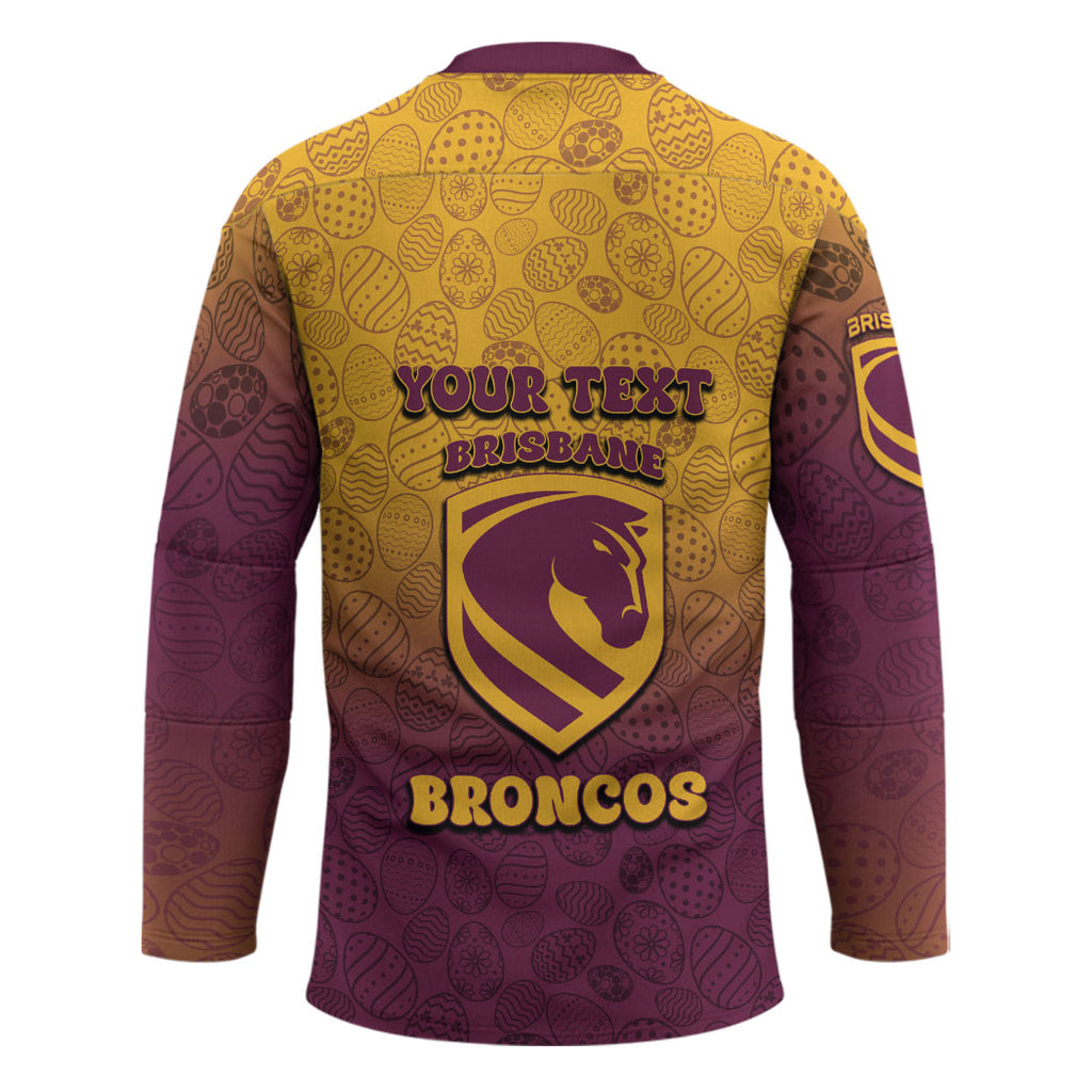 Personalized Brisbane Broncos Hockey Jersey Easter Mascot - Colorful Eggs Cartoon Style