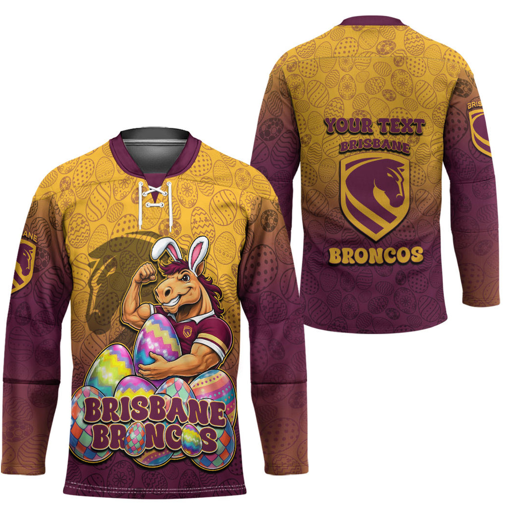 Personalized Brisbane Broncos Hockey Jersey Easter Mascot - Colorful Eggs Cartoon Style