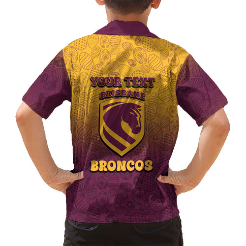 Personalized Brisbane Broncos Kid Hawaiian Shirt Easter Mascot - Colorful Eggs Cartoon Style