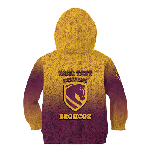 Personalized Brisbane Broncos Kid Hoodie Easter Mascot - Colorful Eggs Cartoon Style