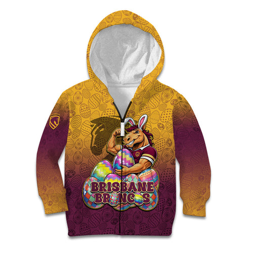 Personalized Brisbane Broncos Kid Hoodie Easter Mascot - Colorful Eggs Cartoon Style