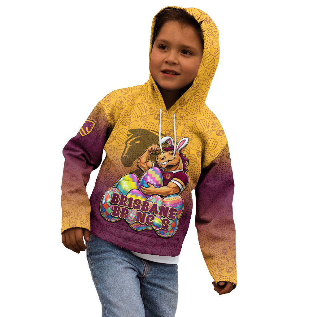 Personalized Brisbane Broncos Kid Hoodie Easter Mascot - Colorful Eggs Cartoon Style