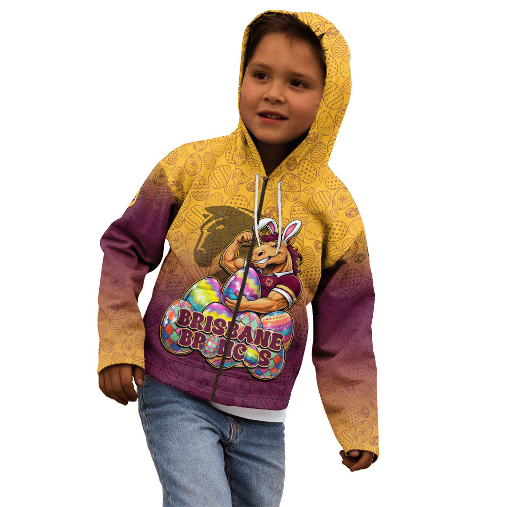 Personalized Brisbane Broncos Kid Hoodie Easter Mascot - Colorful Eggs Cartoon Style