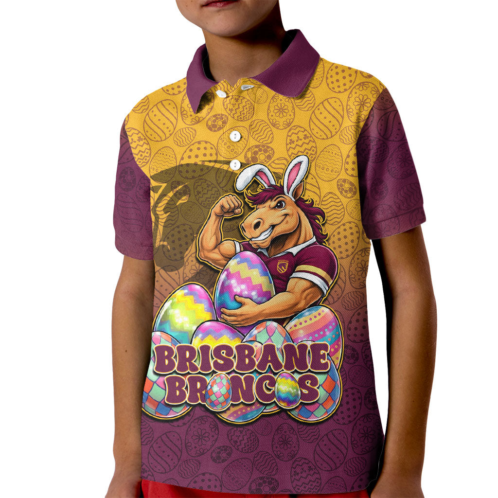 Personalized Brisbane Broncos Kid Polo Shirt Easter Mascot - Colorful Eggs Cartoon Style