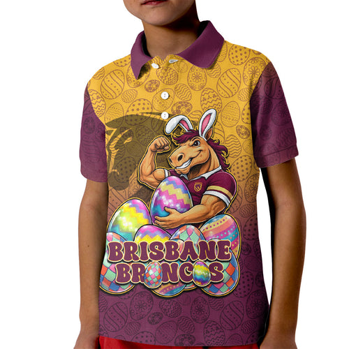 Personalized Brisbane Broncos Kid Polo Shirt Easter Mascot - Colorful Eggs Cartoon Style