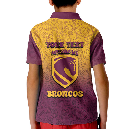 Personalized Brisbane Broncos Kid Polo Shirt Easter Mascot - Colorful Eggs Cartoon Style