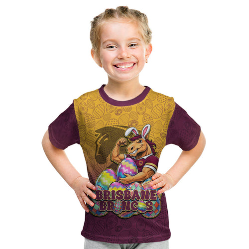Personalized Brisbane Broncos Kid T Shirt Easter Mascot - Colorful Eggs Cartoon Style
