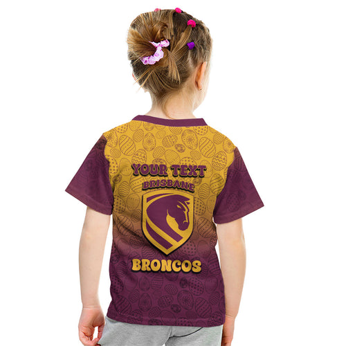 Personalized Brisbane Broncos Kid T Shirt Easter Mascot - Colorful Eggs Cartoon Style