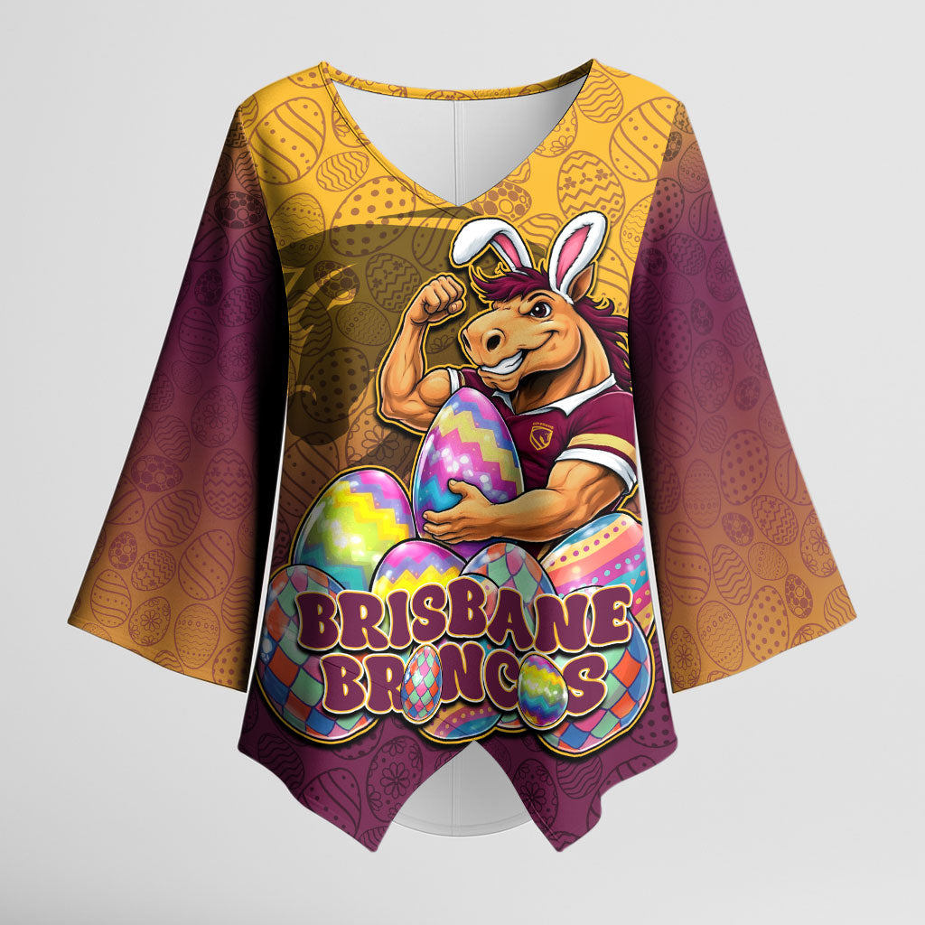 Personalized Brisbane Broncos Kimono Sleeve Blouse Easter Mascot - Colorful Eggs Cartoon Style
