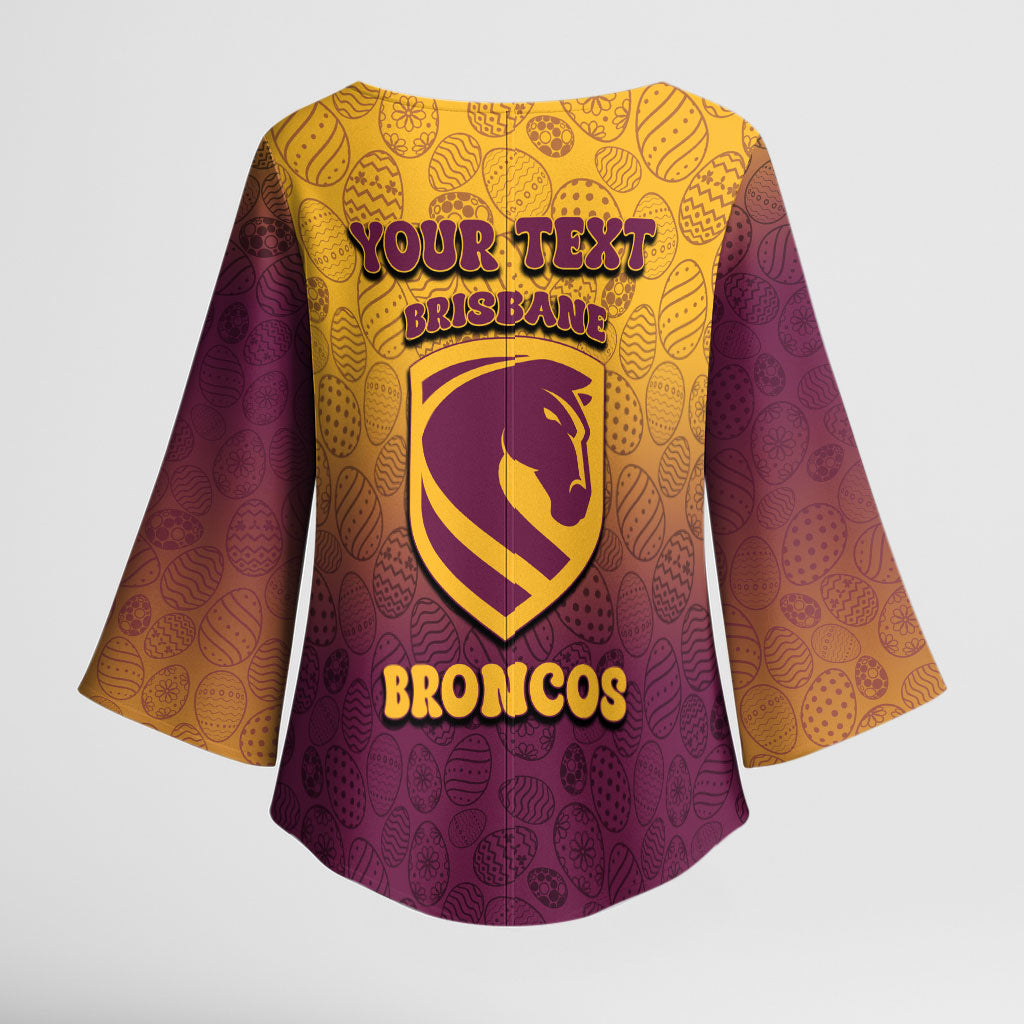 Personalized Brisbane Broncos Kimono Sleeve Blouse Easter Mascot - Colorful Eggs Cartoon Style