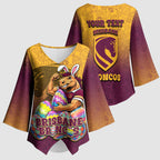 Personalized Brisbane Broncos Kimono Sleeve Blouse Easter Mascot - Colorful Eggs Cartoon Style