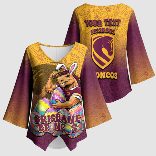 Personalized Brisbane Broncos Kimono Sleeve Blouse Easter Mascot - Colorful Eggs Cartoon Style