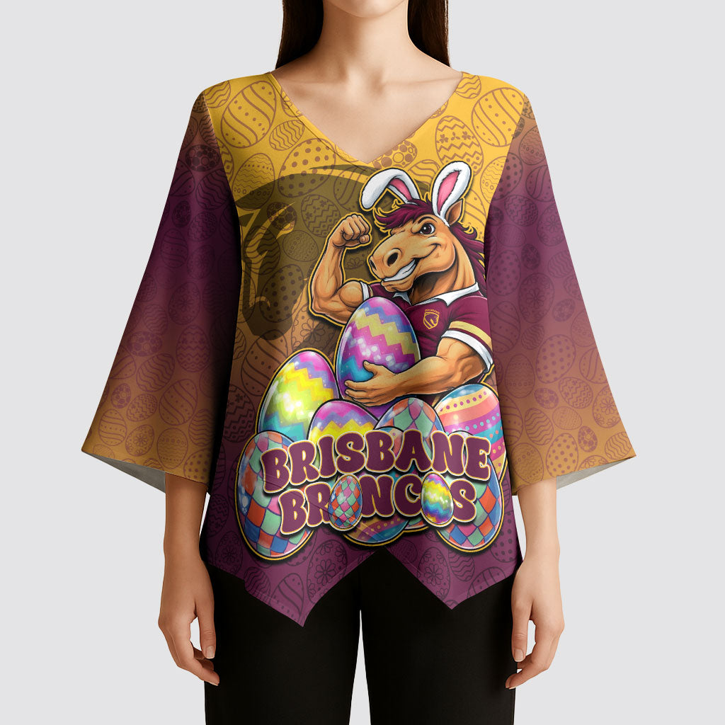 Personalized Brisbane Broncos Kimono Sleeve Blouse Easter Mascot - Colorful Eggs Cartoon Style