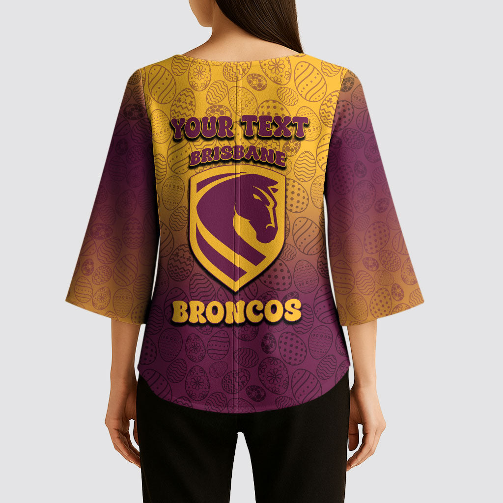 Personalized Brisbane Broncos Kimono Sleeve Blouse Easter Mascot - Colorful Eggs Cartoon Style