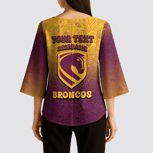 Personalized Brisbane Broncos Kimono Sleeve Blouse Easter Mascot - Colorful Eggs Cartoon Style