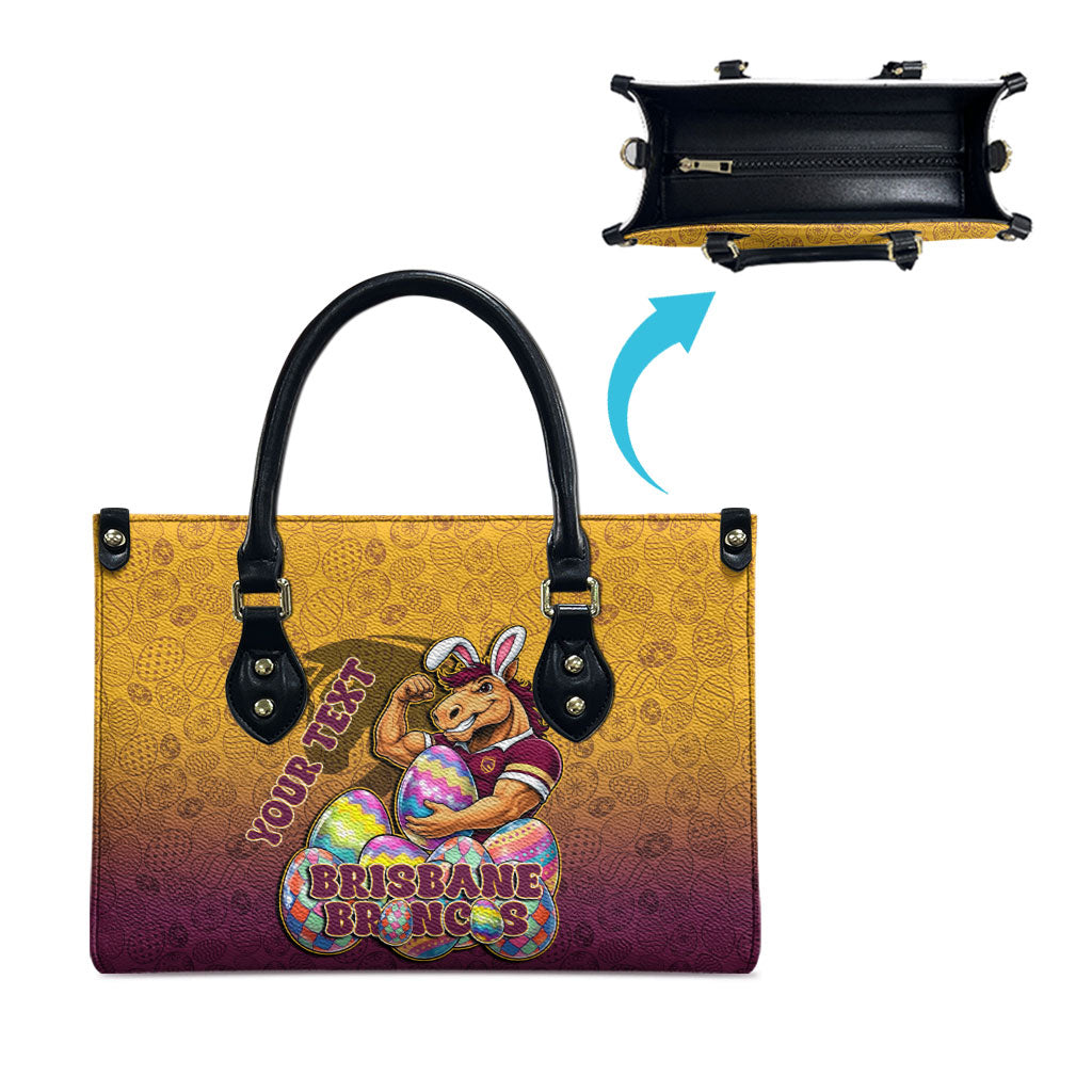 Personalized Brisbane Broncos Leather Bag Easter Mascot - Colorful Eggs Cartoon Style