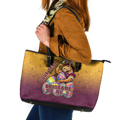 Personalized Brisbane Broncos Leather Tote Bag Easter Mascot - Colorful Eggs Cartoon Style