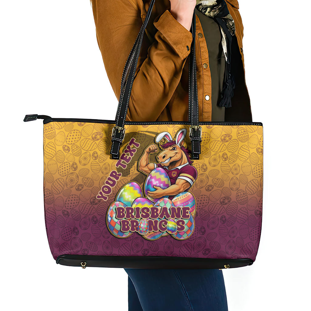 Personalized Brisbane Broncos Leather Tote Bag Easter Mascot - Colorful Eggs Cartoon Style