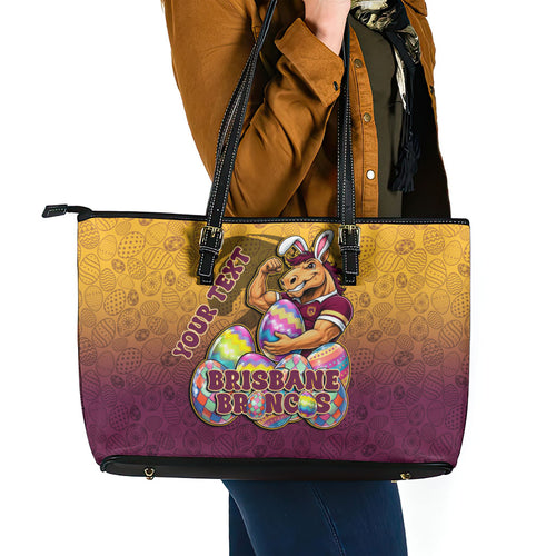 Personalized Brisbane Broncos Leather Tote Bag Easter Mascot - Colorful Eggs Cartoon Style