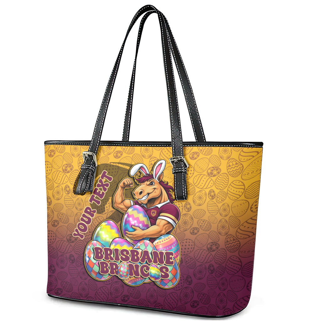 Personalized Brisbane Broncos Leather Tote Bag Easter Mascot - Colorful Eggs Cartoon Style