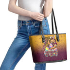 Personalized Brisbane Broncos Leather Tote Bag Easter Mascot - Colorful Eggs Cartoon Style