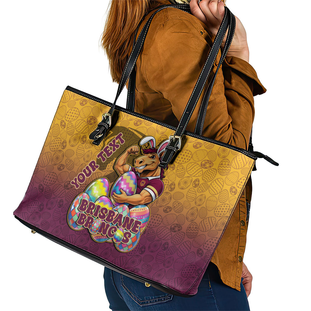Personalized Brisbane Broncos Leather Tote Bag Easter Mascot - Colorful Eggs Cartoon Style