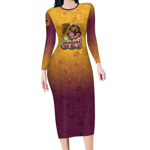 Personalized Brisbane Broncos Long Sleeve Bodycon Dress Easter Mascot - Colorful Eggs Cartoon Style