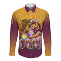 Personalized Brisbane Broncos Long Sleeve Button Shirt Easter Mascot - Colorful Eggs Cartoon Style