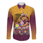 Personalized Brisbane Broncos Long Sleeve Button Shirt Easter Mascot - Colorful Eggs Cartoon Style
