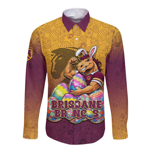 Personalized Brisbane Broncos Long Sleeve Button Shirt Easter Mascot - Colorful Eggs Cartoon Style