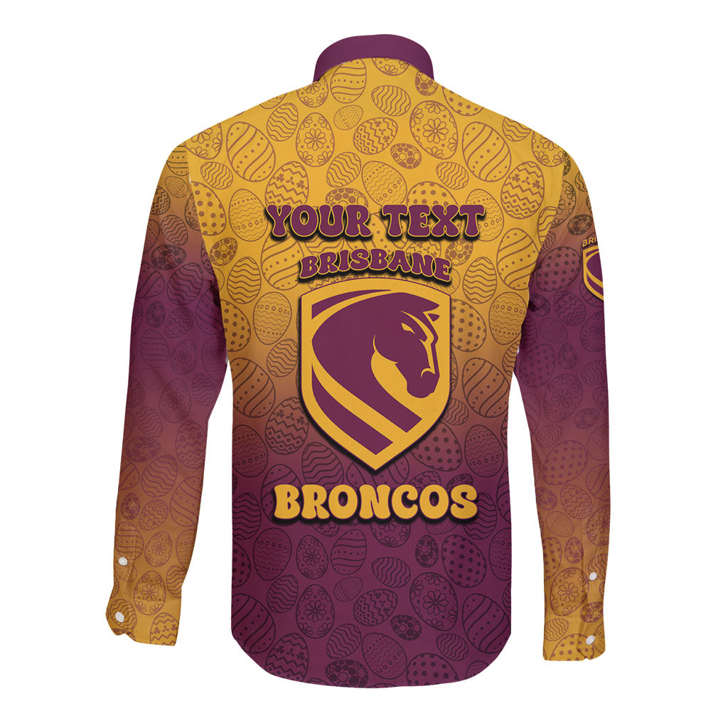 Personalized Brisbane Broncos Long Sleeve Button Shirt Easter Mascot - Colorful Eggs Cartoon Style