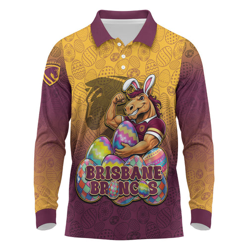 Personalized Brisbane Broncos Long Sleeve Polo Shirt Easter Mascot - Colorful Eggs Cartoon Style