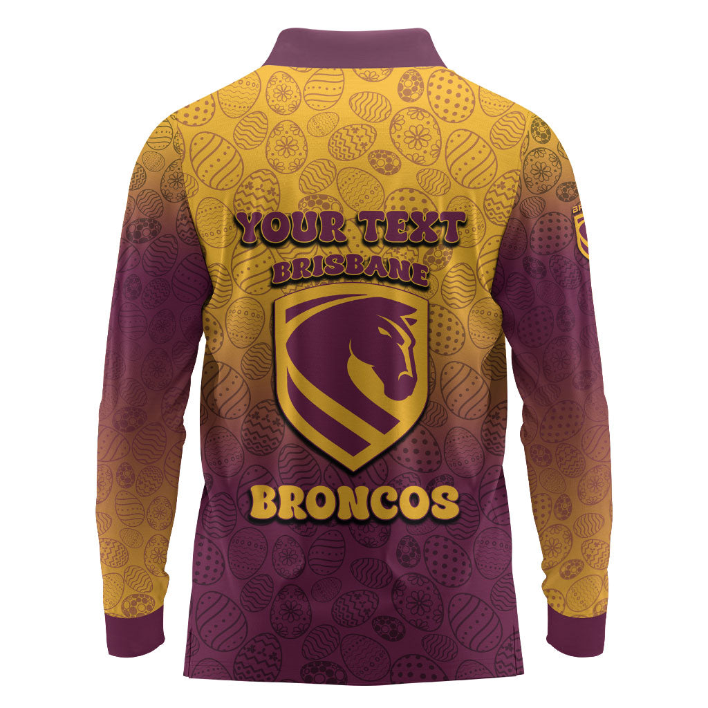 Personalized Brisbane Broncos Long Sleeve Polo Shirt Easter Mascot - Colorful Eggs Cartoon Style