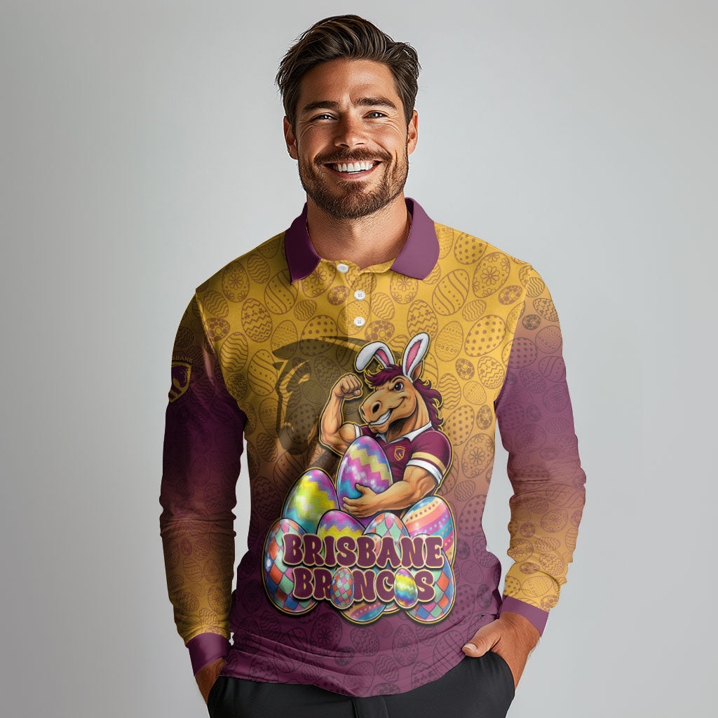 Personalized Brisbane Broncos Long Sleeve Polo Shirt Easter Mascot - Colorful Eggs Cartoon Style